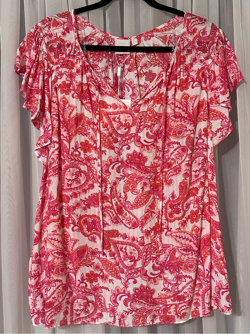 Zac & Rachel Pink Red and White Paisley Tie-Neck Ruffle Cap Sleeve Top Size 2X